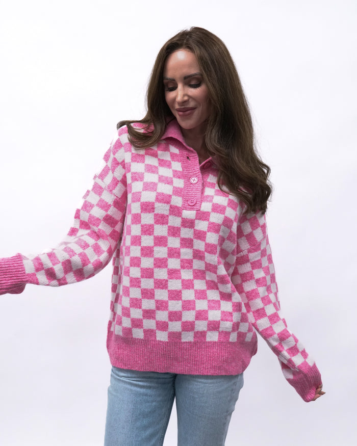 Checkered Collared Sweater - Pink