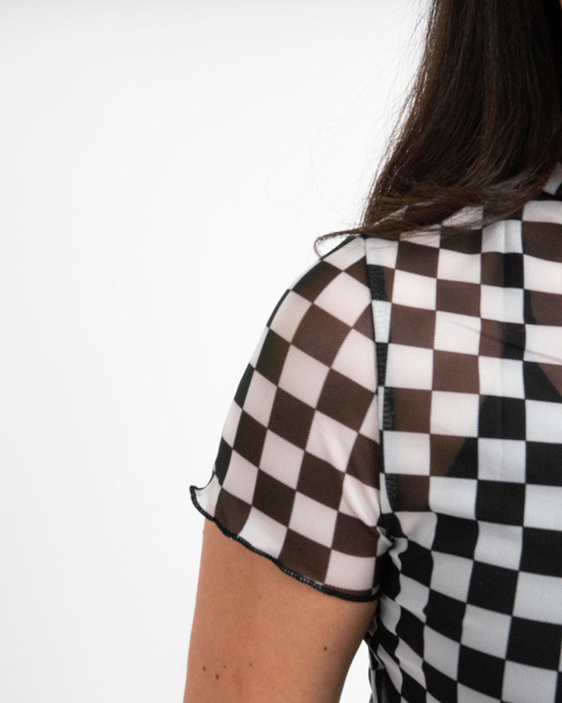 Mesh Checkered Crop Shirt