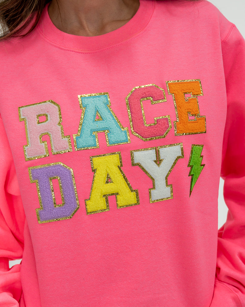 Race Day Varsity Letter Sweatshirt - Adult Pink