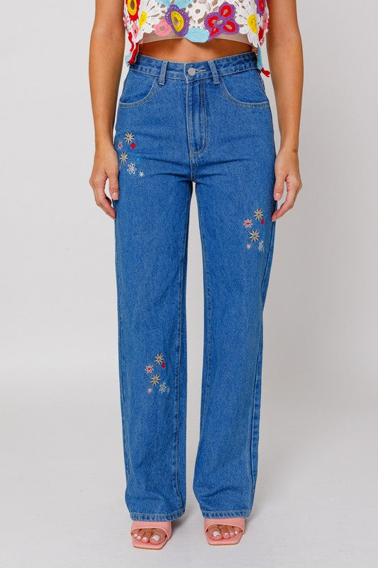 Floral Embroidered High Waist Jeans