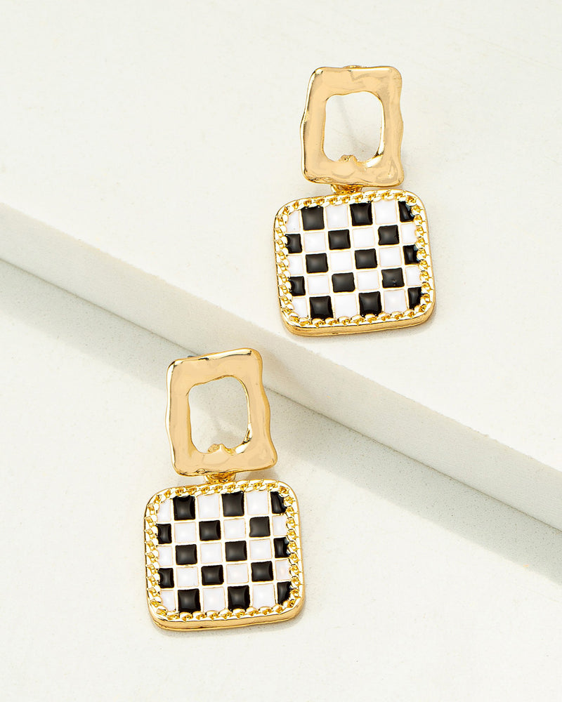 Square Black and White Check Drop Earrings
