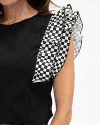 Checkered Ruffle Sleeve Top - Black