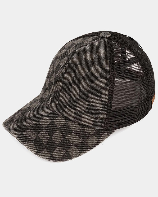 Checkered Criss Cross Back Hat - Black